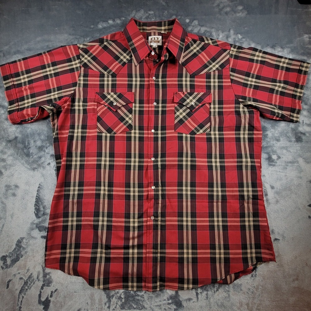 Ely Cattleman Mens Large Red Plaid Pearl Snap Holiday Western Short Sleeve Shirt